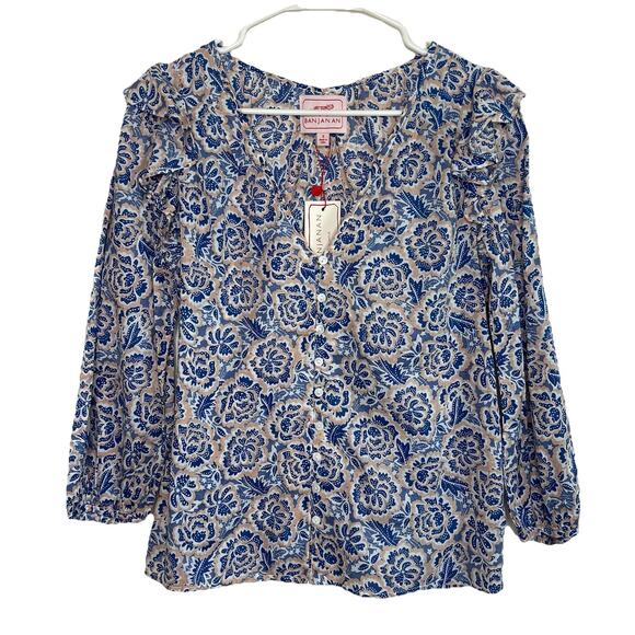 Anthropologie Banjanan Small Elise Top Ruffle Floral Button Up V-neck New R23 - Picture 1 of 8